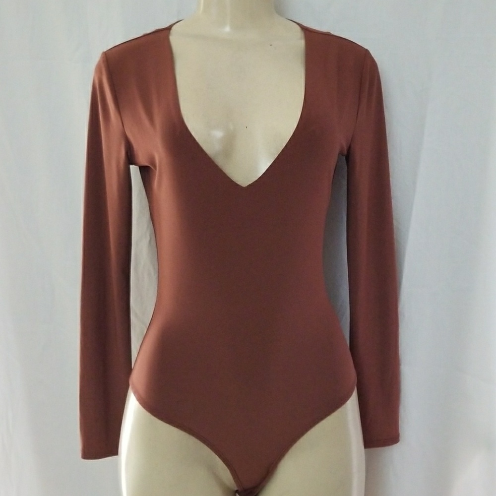 New copper leotard long sleeve plunging v neck